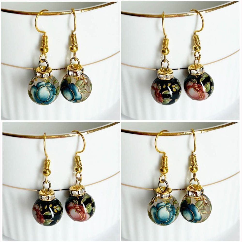 NEW Cloisonné Earrings 2 PAIRS Colorful Floral Jewelry Enamel Rhinestones Hook - Picture 7 of 7